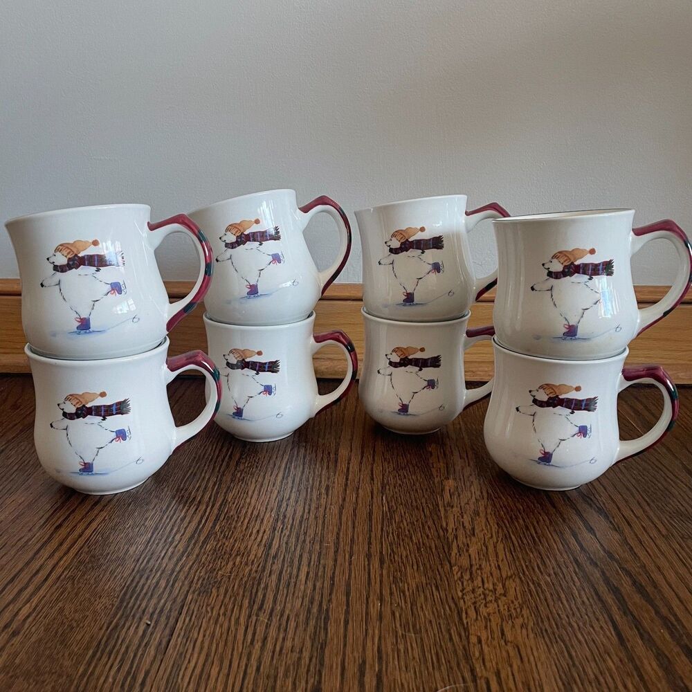 Set of 8 Pfaltzgraff Polar Bear Mugs 14 oz Ice Skating Bear With Hat